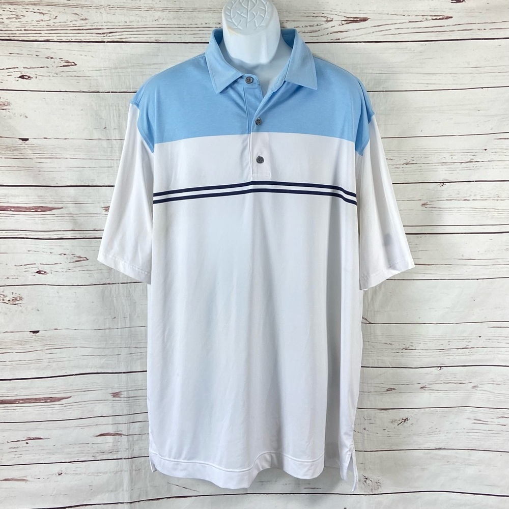 Footjoy Polo Shirt Men’s 2XL Blue/White Lisle Colorbock Shadow Ridge Logo.‎